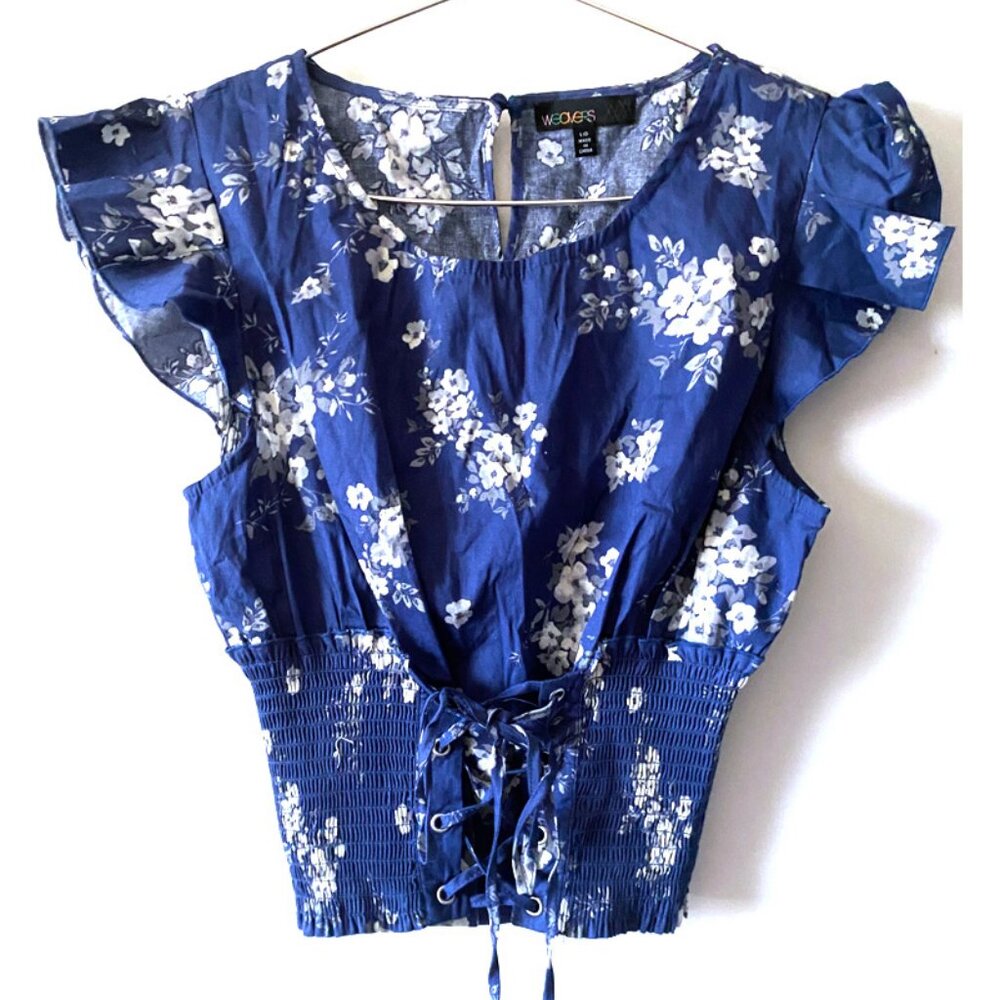 NWOT Weavers Women's Floral Tie front Ruffle sleeve Top, Navy, L,